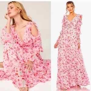 Mac Duggal Ruffle Sleeve Floral Print Gown In Poppy Pink Size 14